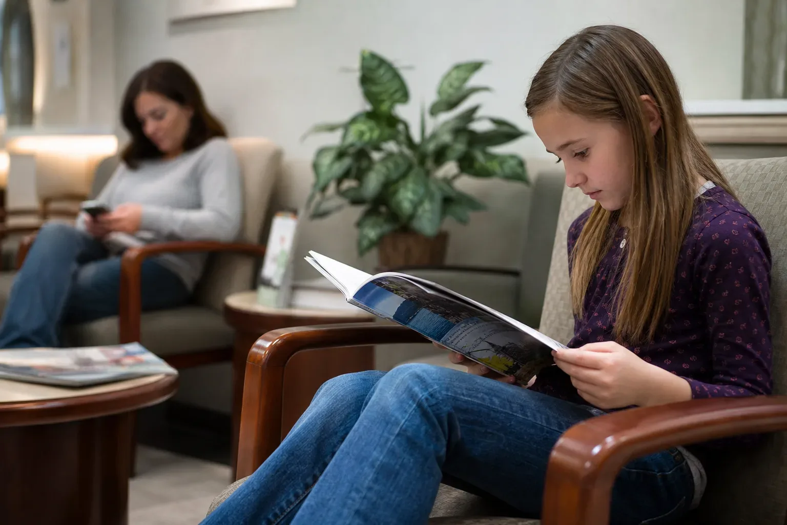 Two people sit in a waiting room, one reading a magazine, the other looking at a phone.