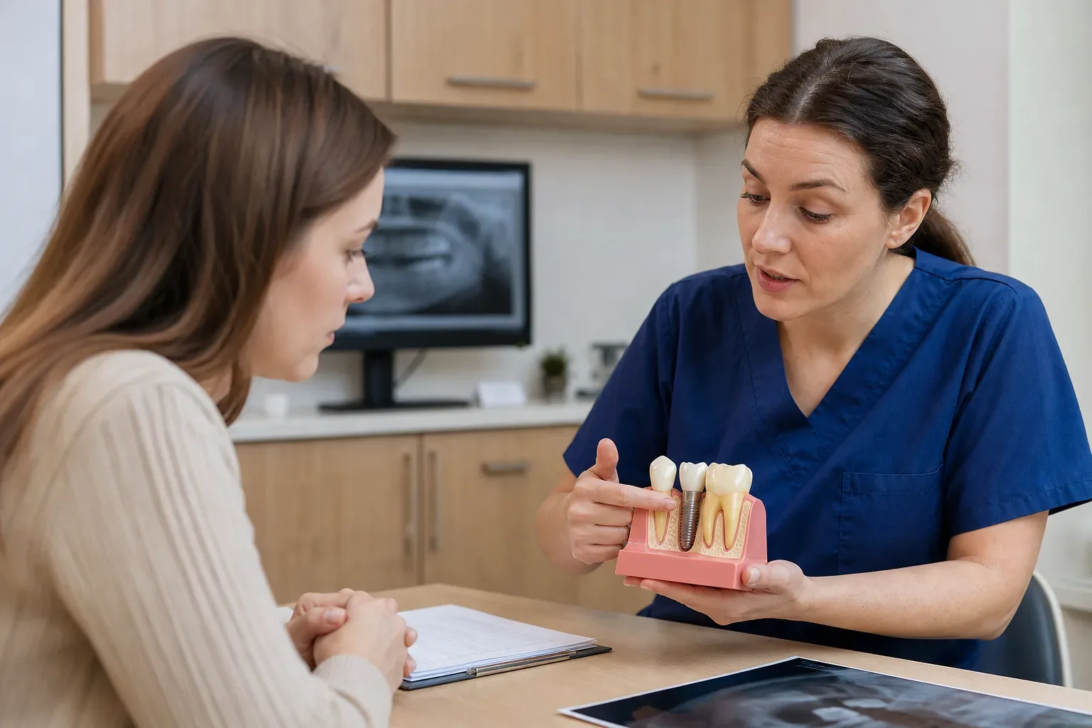 A dental professional in blue scrubs shows a patient a tooth implant model during a consultation.
