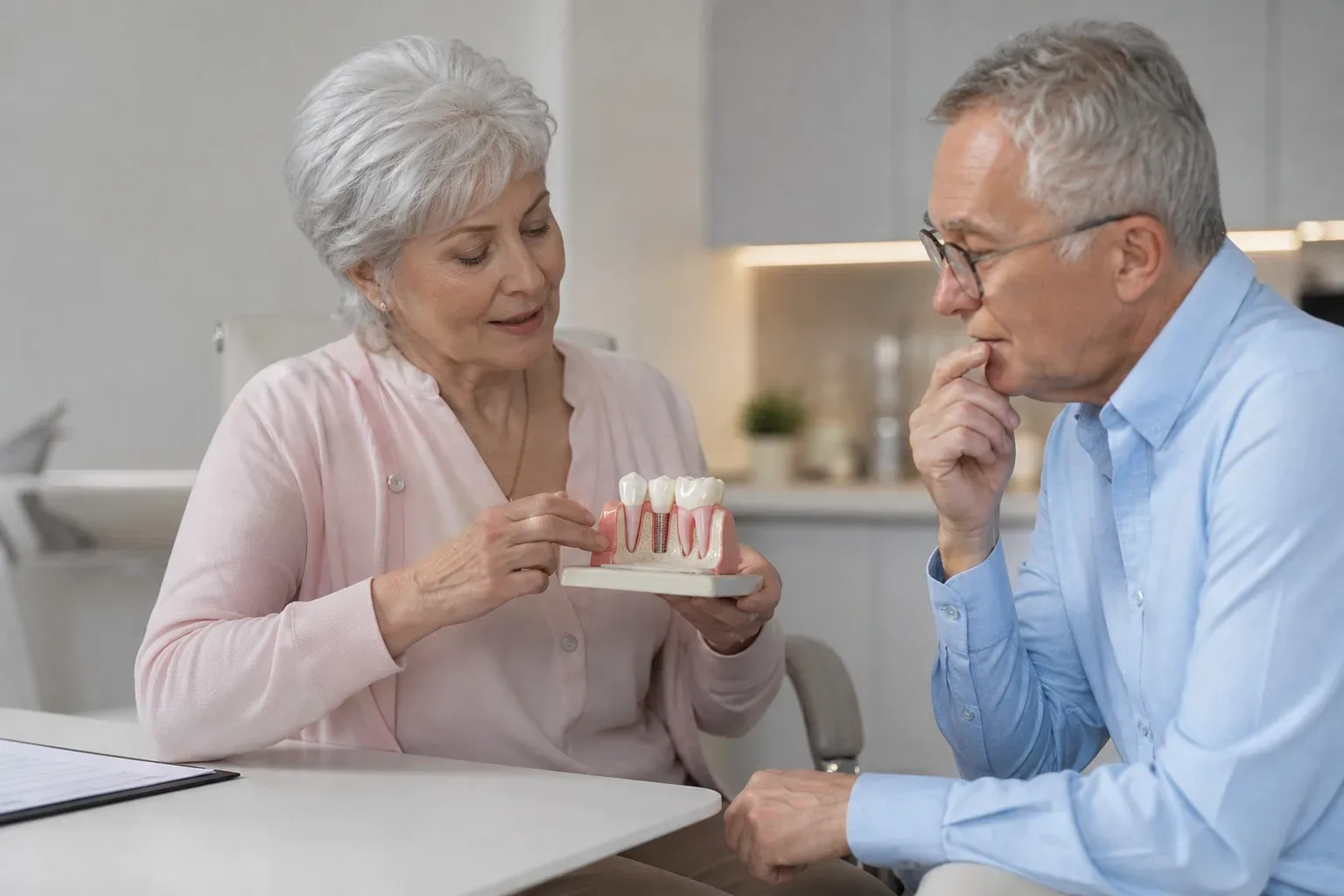 Two people examine a dental implant model at a table, one holding and pointing to it while the other looks on thoughtfully.