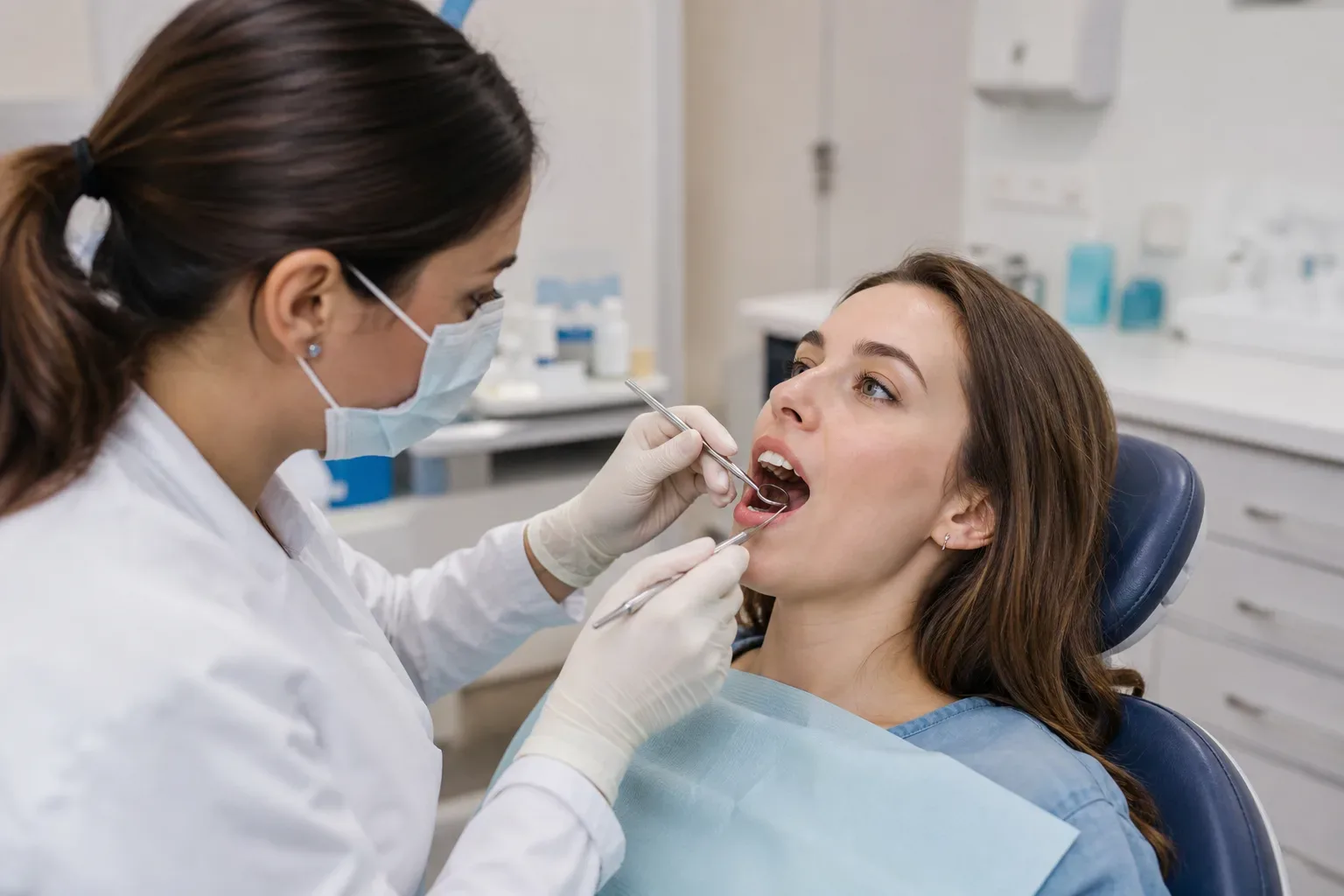 A dentist in a white coat and face mask examines a patient's open mouth using dental instruments in a clinic.