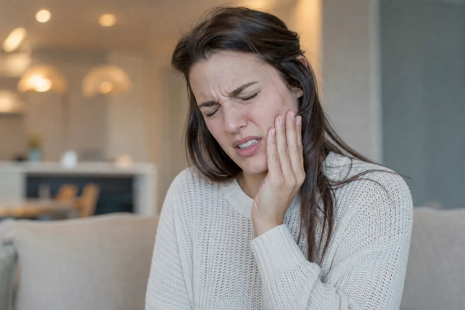 A person sits on a sofa at home, eyes closed, holding their jaw in apparent pain.
