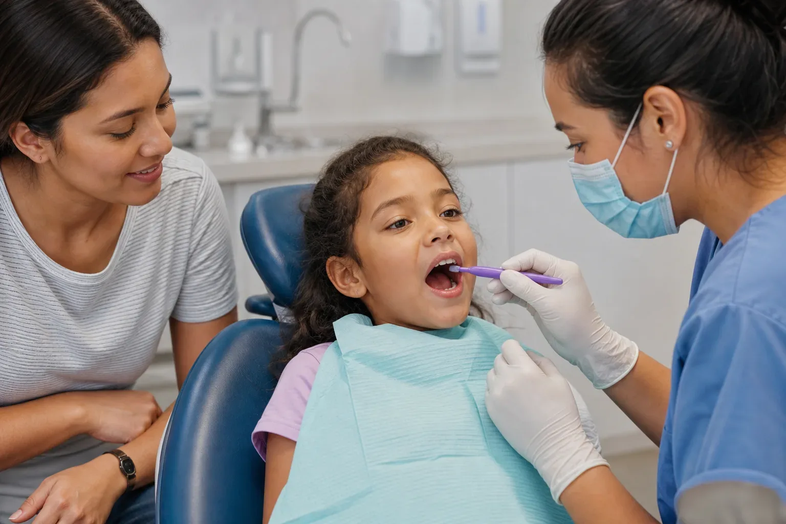 A child sits in a dental chair with mouth open while a masked dentist examines their teeth, as an adult looks on.