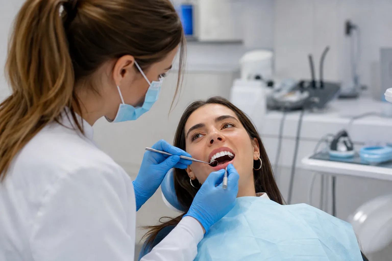 A dentist wearing a face mask and blue gloves examines a patient's teeth using dental tools in a clinic.