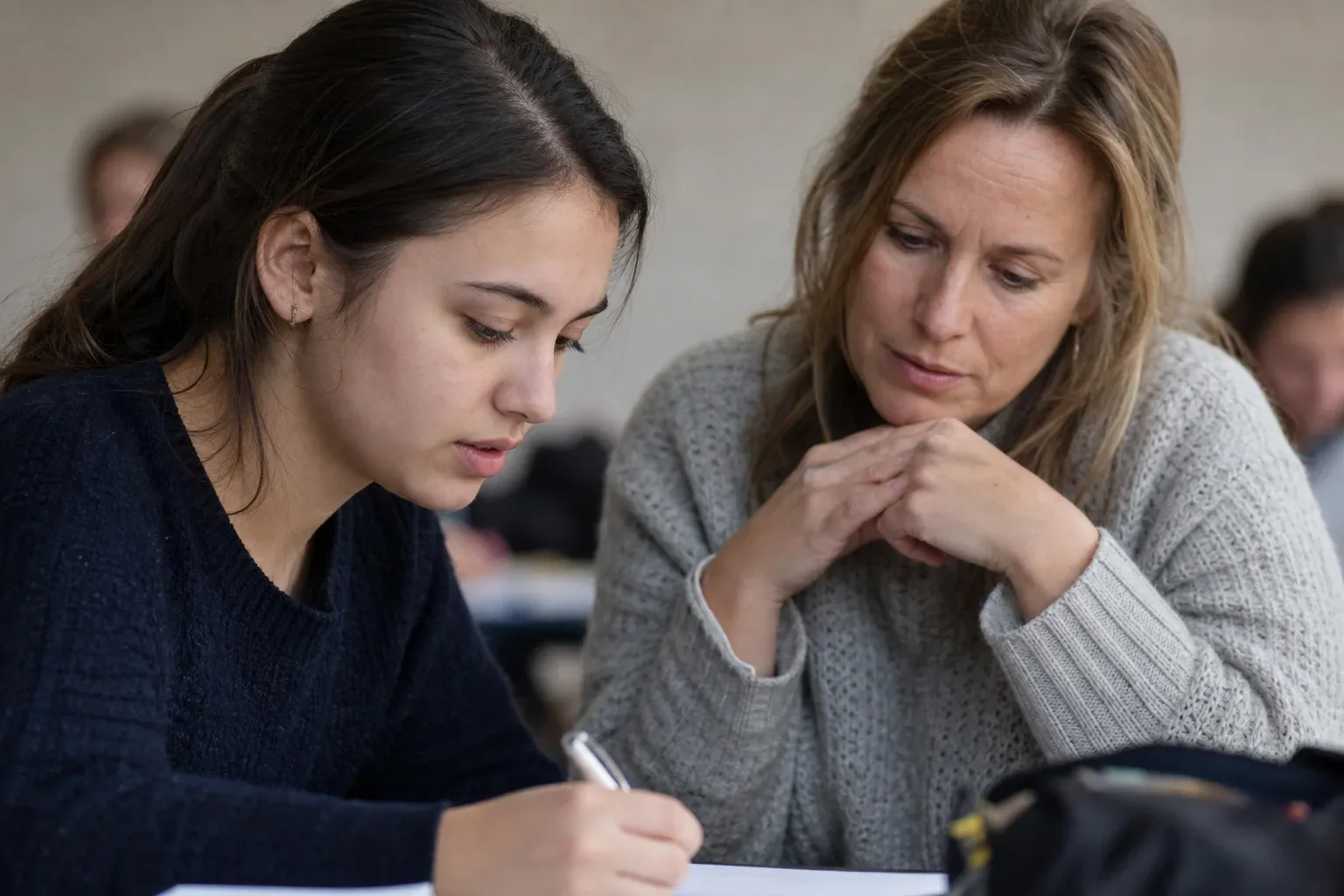 Two people sit together in a classroom, one writing on paper whilst the other looks on attentively.