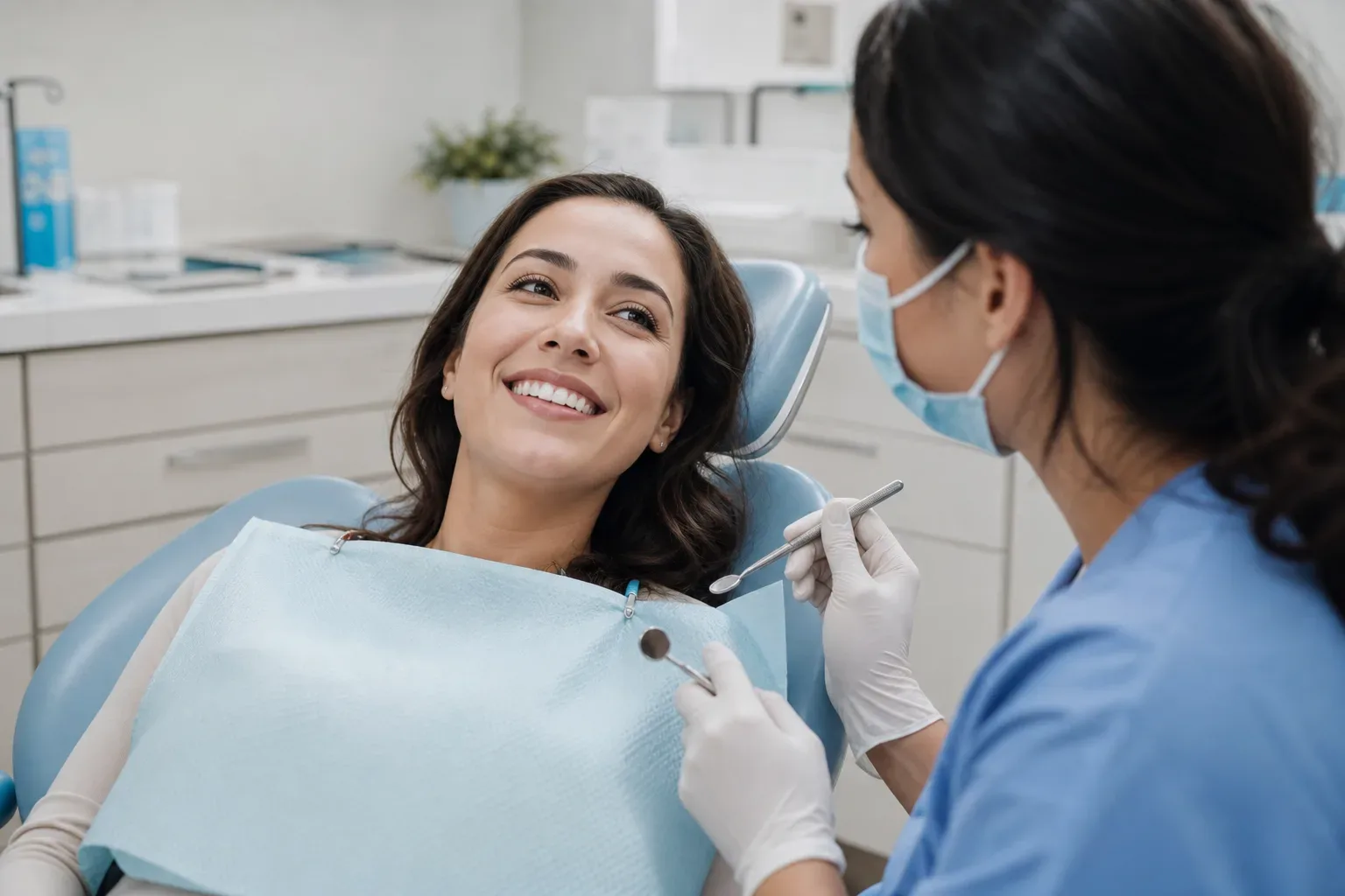 A patient smiling in a dental chair whilst a masked dentist holds examination tools ready.