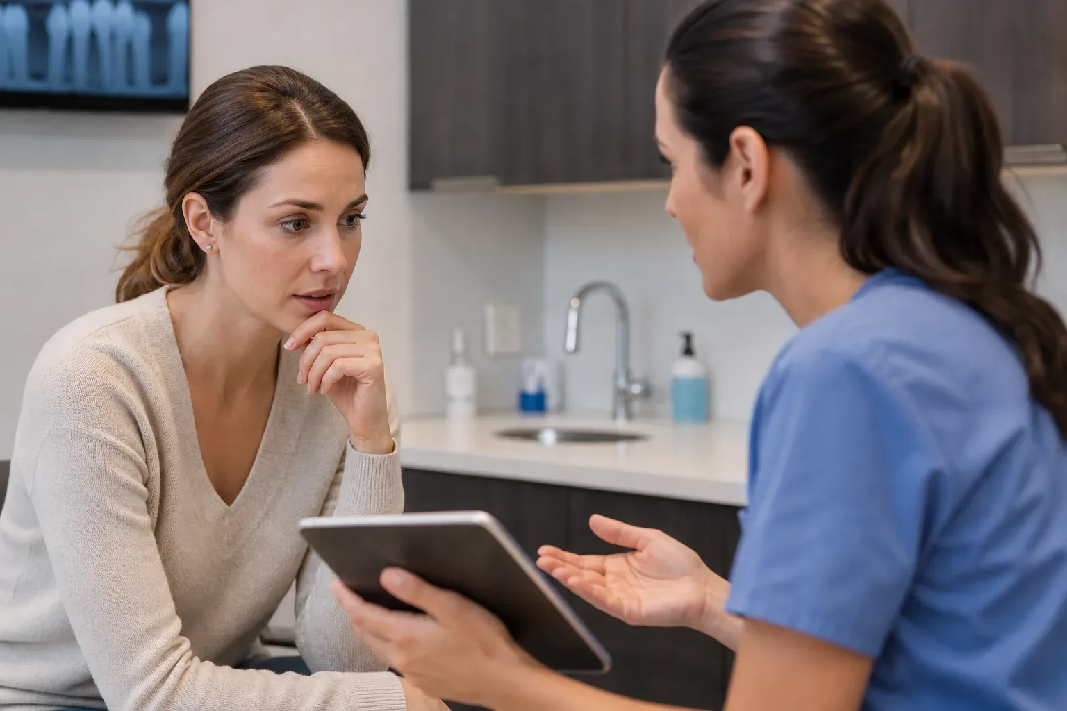 A healthcare worker in blue scrubs shows a tablet to a patient in a clinical room while explaining something.