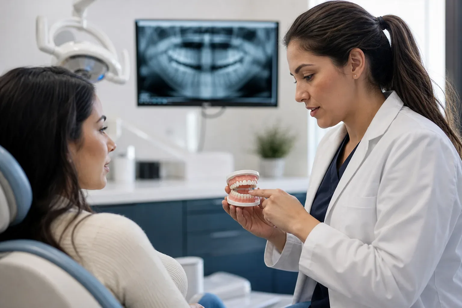 A dentist shows a patient a jaw model in a dental surgery, with an X-ray displayed on a screen behind them.