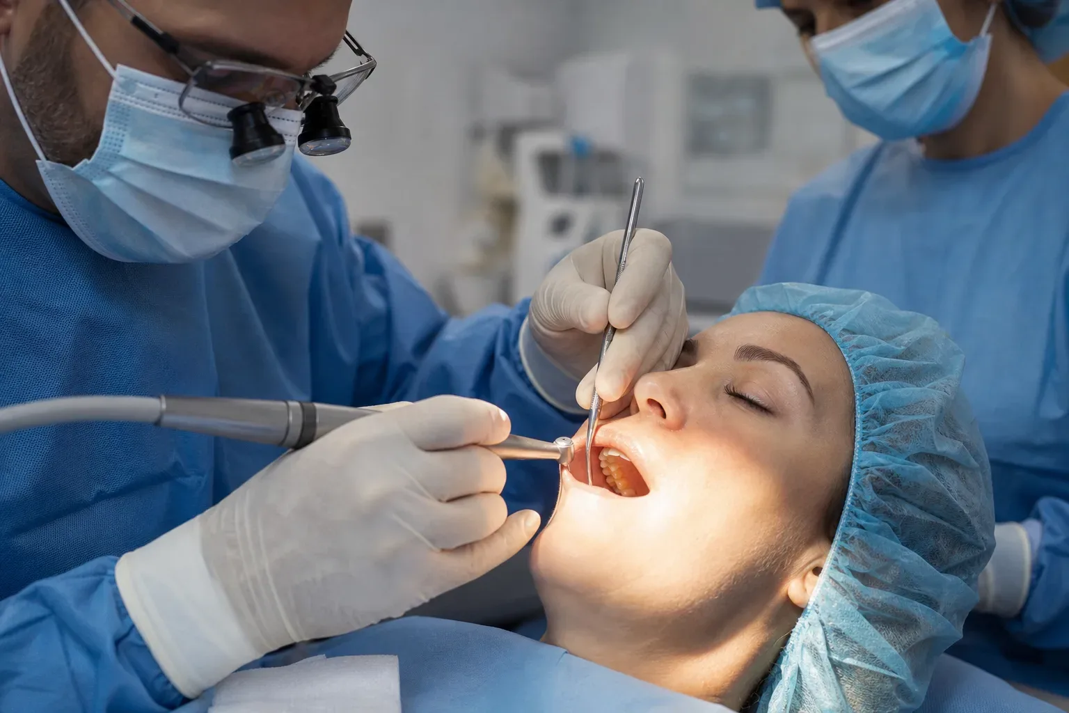 Two dental surgeons in surgical gowns, masks and gloves perform a procedure on a reclined patient in a clinical setting.