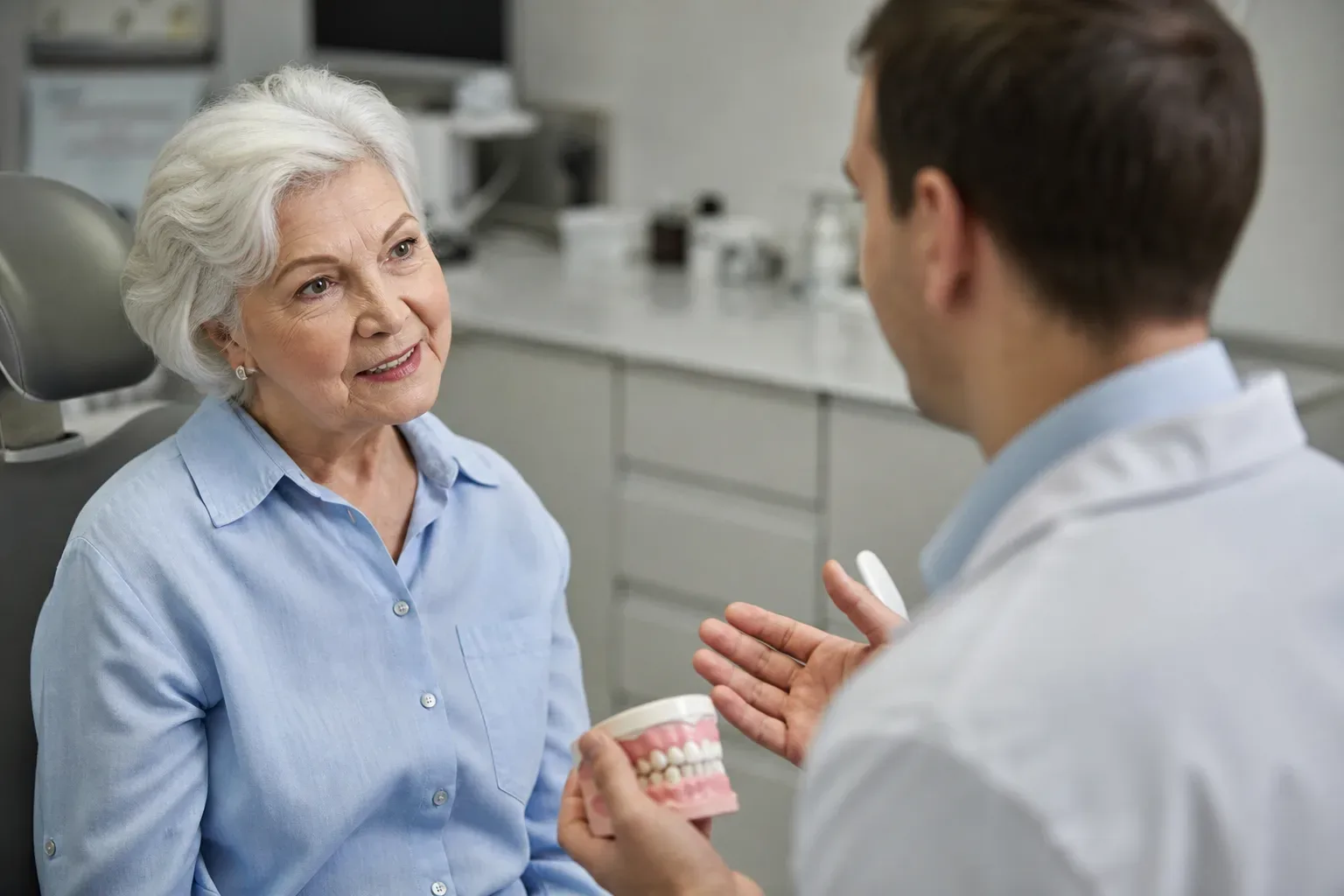 A dentist holds a dental jaw model whilst consulting with a patient in a dental surgery.