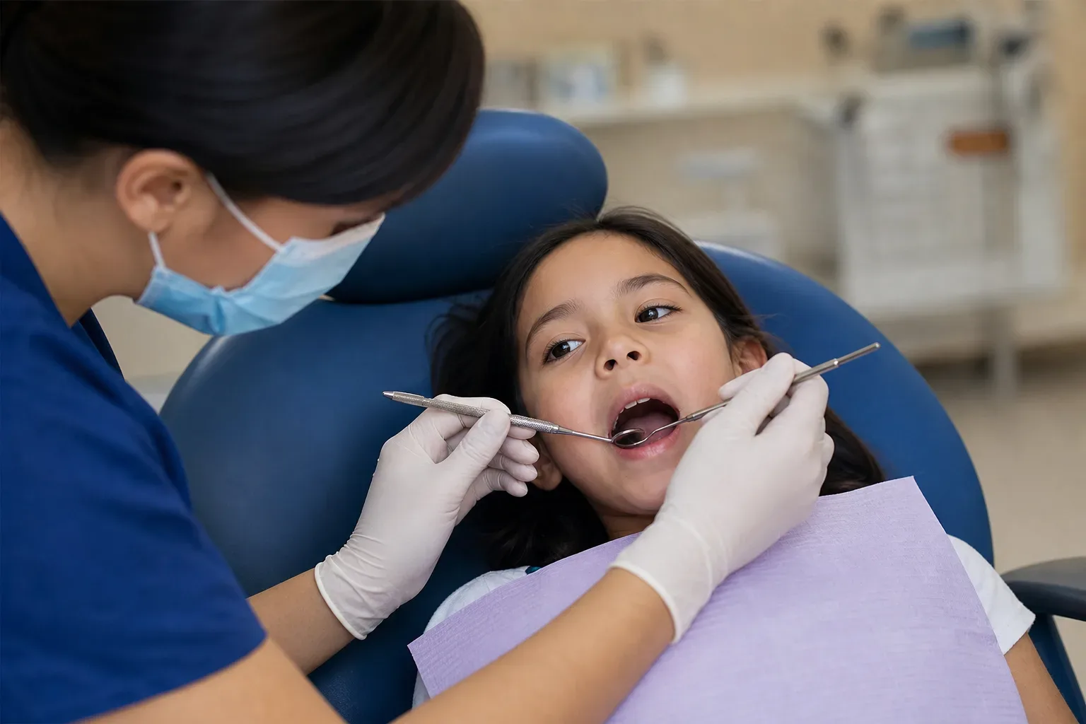 A dentist in scrubs and a face mask examines a child's open mouth using dental instruments in a dental surgery.