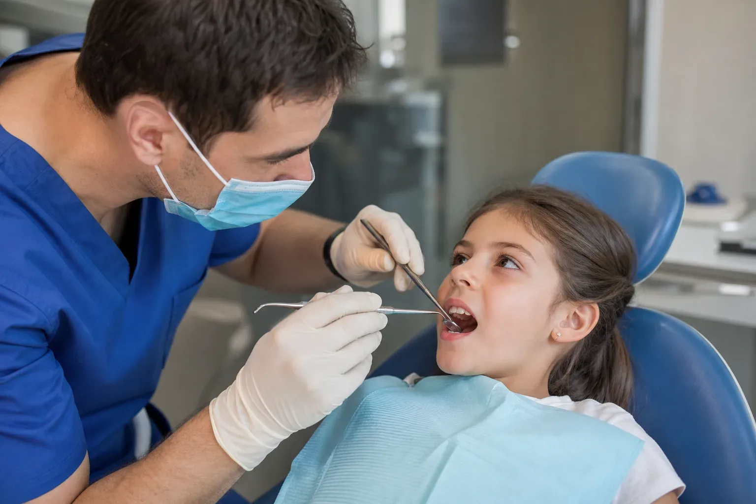 A dentist in blue scrubs and a surgical mask examines a young patient's teeth using dental tools in a clinic.