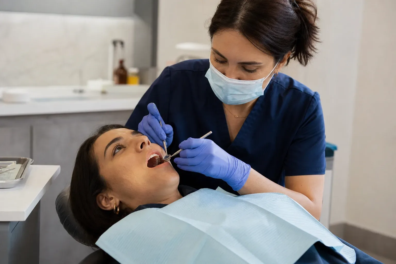A dentist in scrubs and a face mask examines a patient's open mouth using dental instruments in a clinic.
