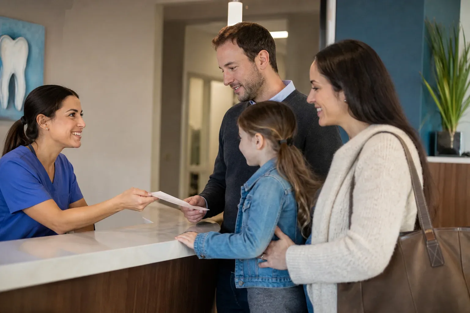 A family of three at a dental reception desk, with a receptionist in scrubs handing over a document.