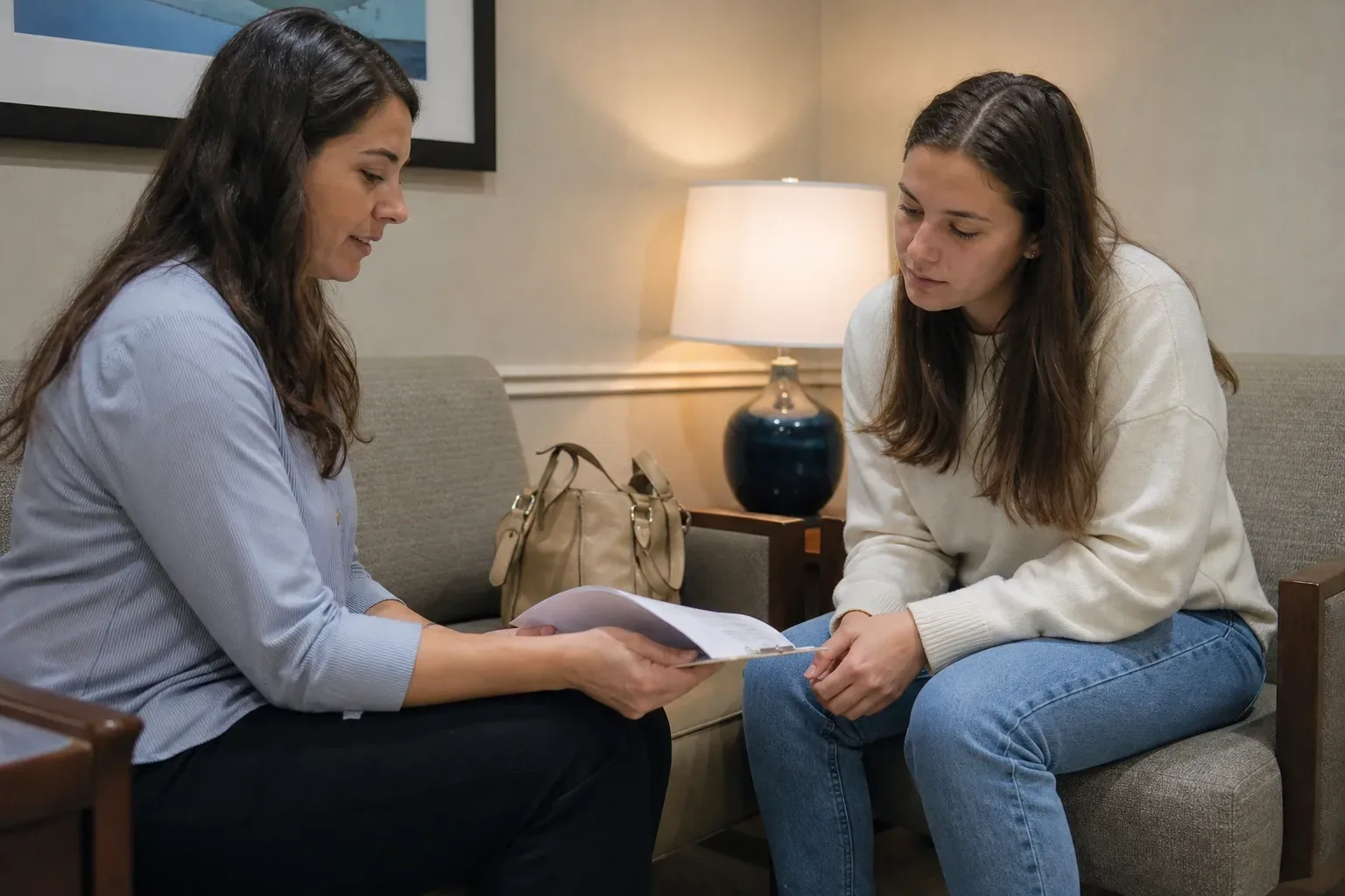 Two people sit in armchairs reviewing a document together in a softly lit office room.