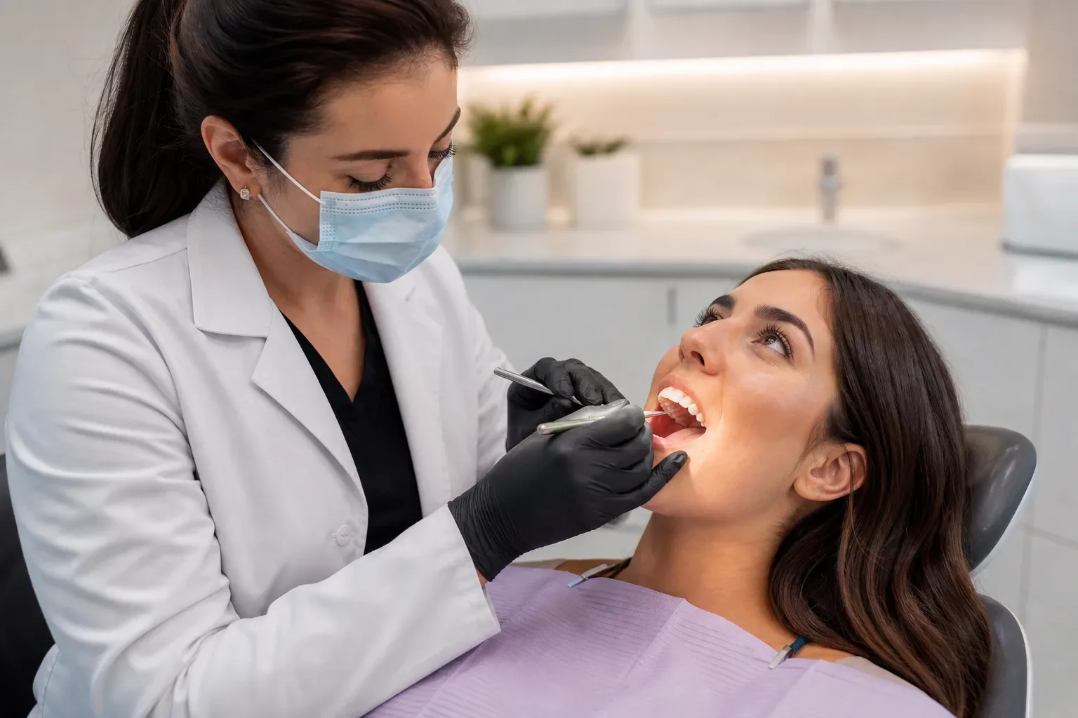 A dentist wearing a surgical mask and black gloves examines a patient's teeth in a dental clinic.