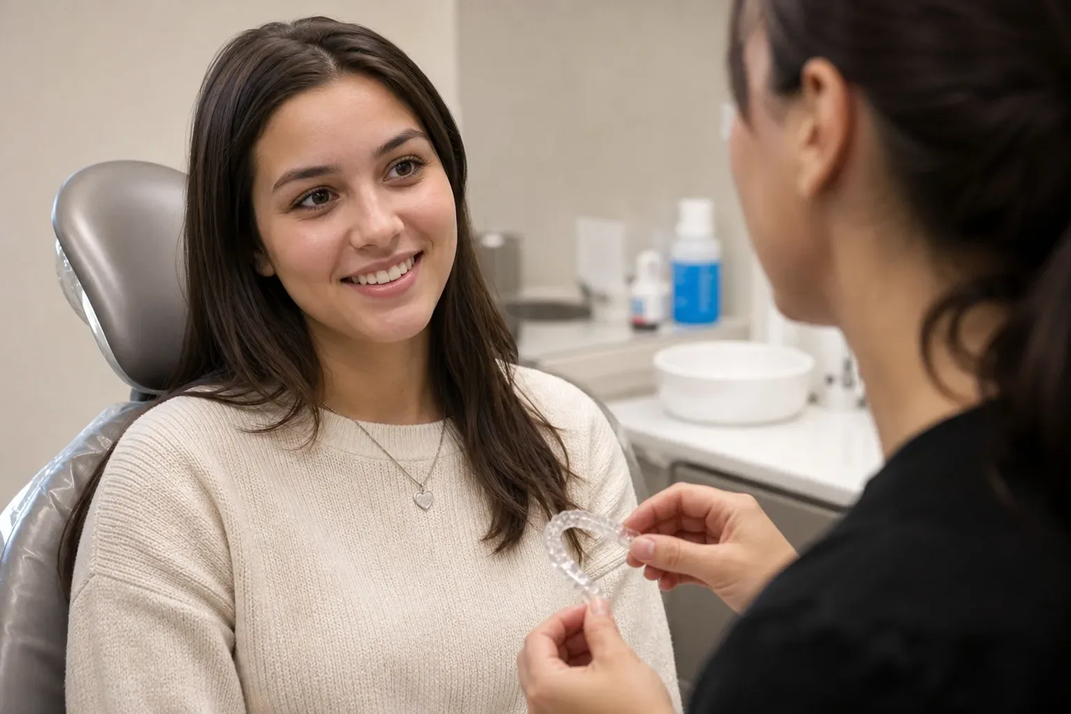 A patient sitting in a dental chair smiles as a dental professional holds up a clear dental aligner.