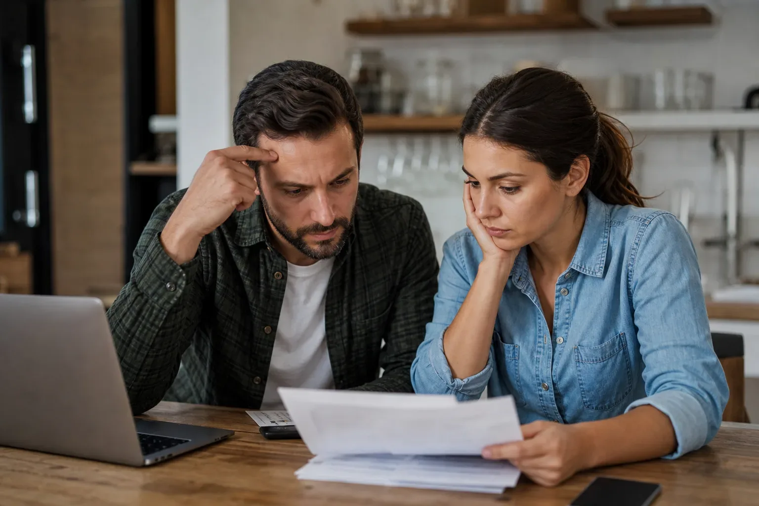 Two people sit at a kitchen table looking stressed at paperwork, with a laptop open beside them.