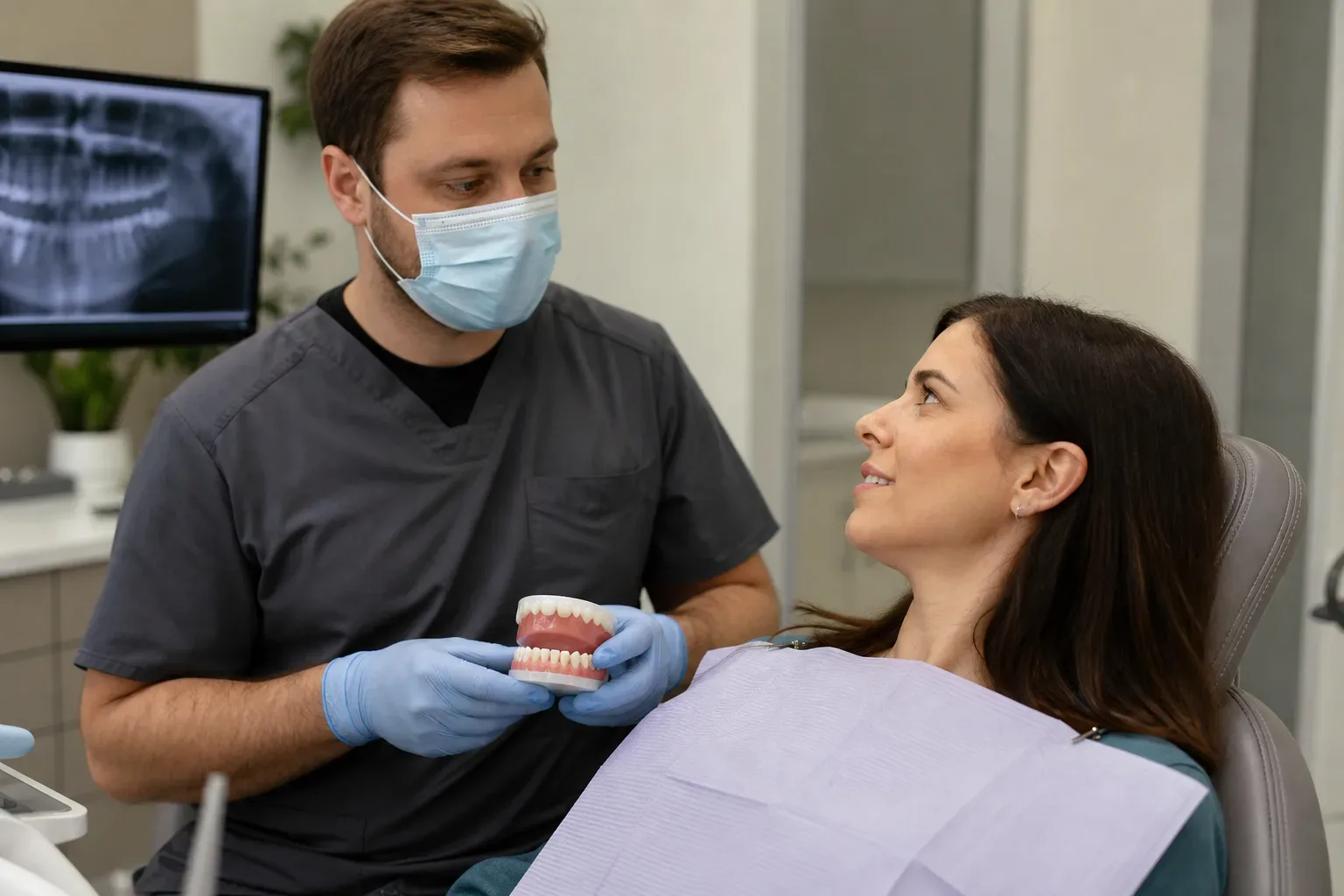 A dentist wearing scrubs, gloves and a face mask holds a dental jaw model whilst consulting with a seated patient.