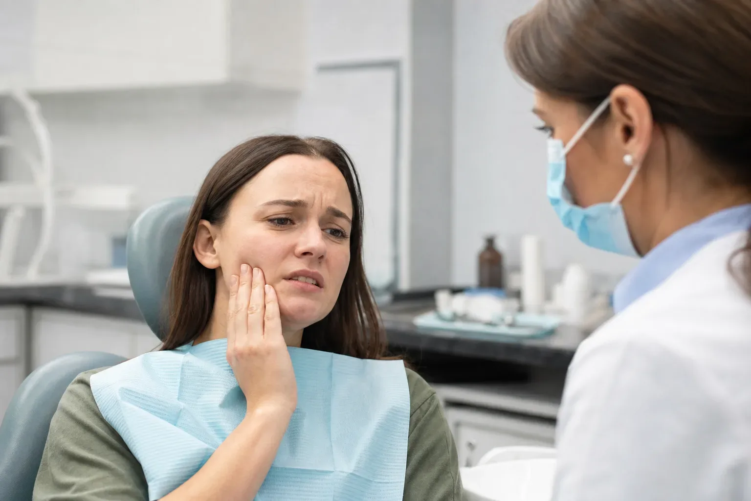A patient holding their jaw in pain sits in a dental chair, speaking with a masked dental professional.