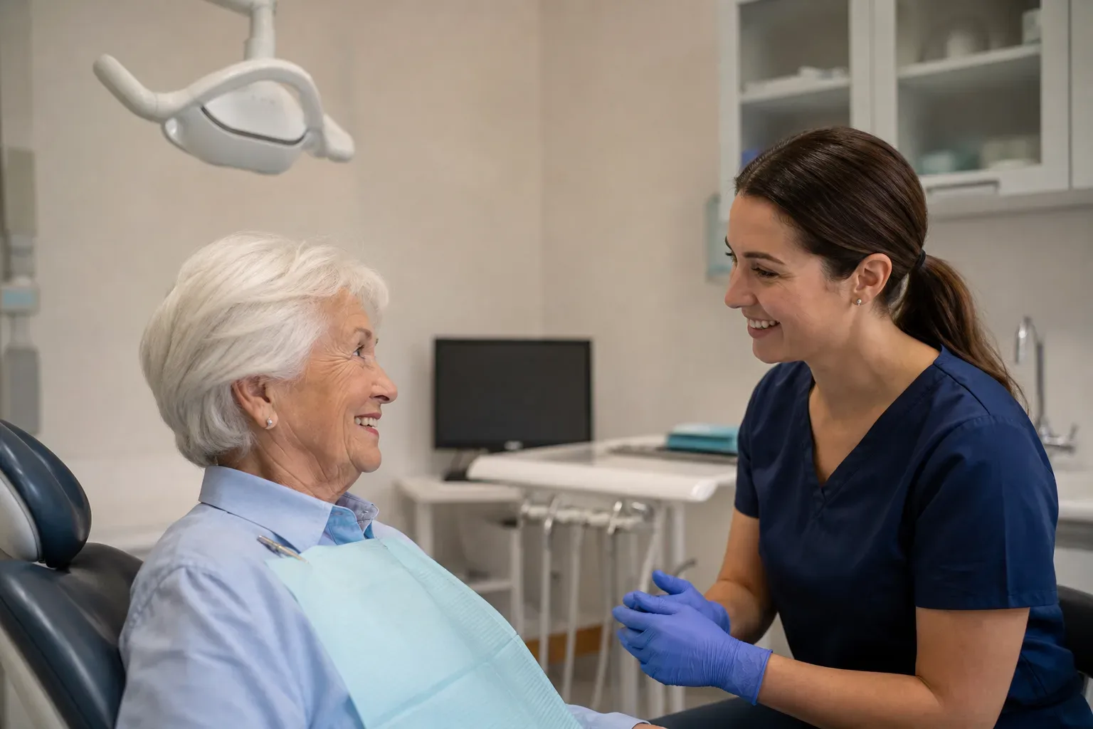 A dental professional in scrubs and gloves speaks with a smiling patient seated in a dental chair.
