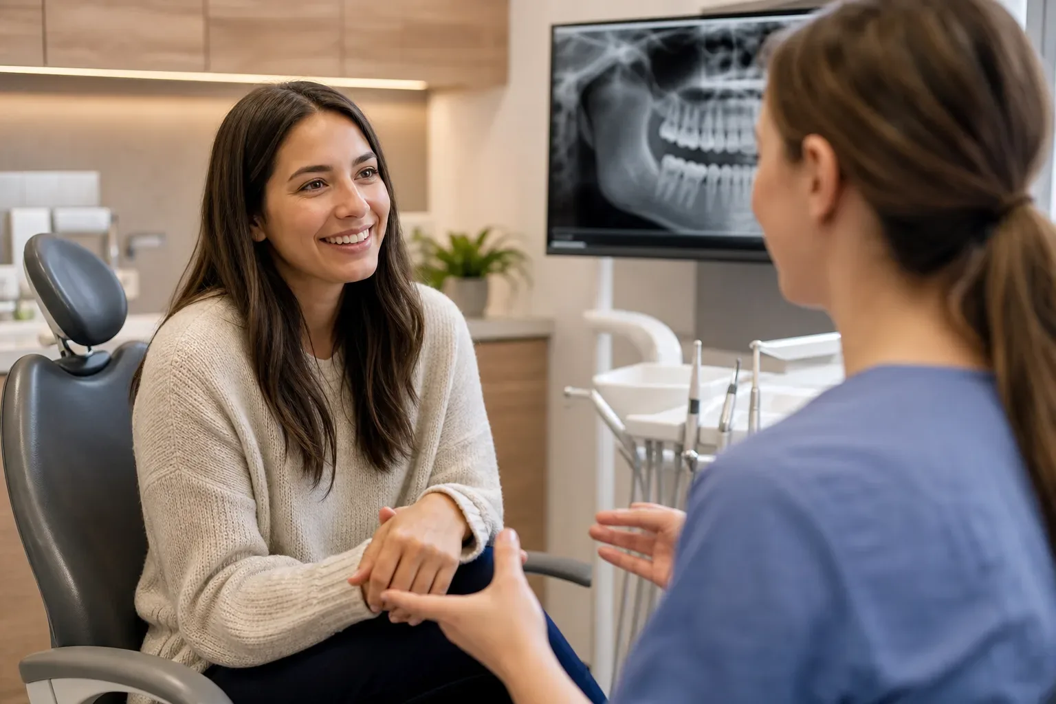 A patient sits in a dental chair smiling while a dental professional speaks to them, with an x-ray visible on a screen behind them.