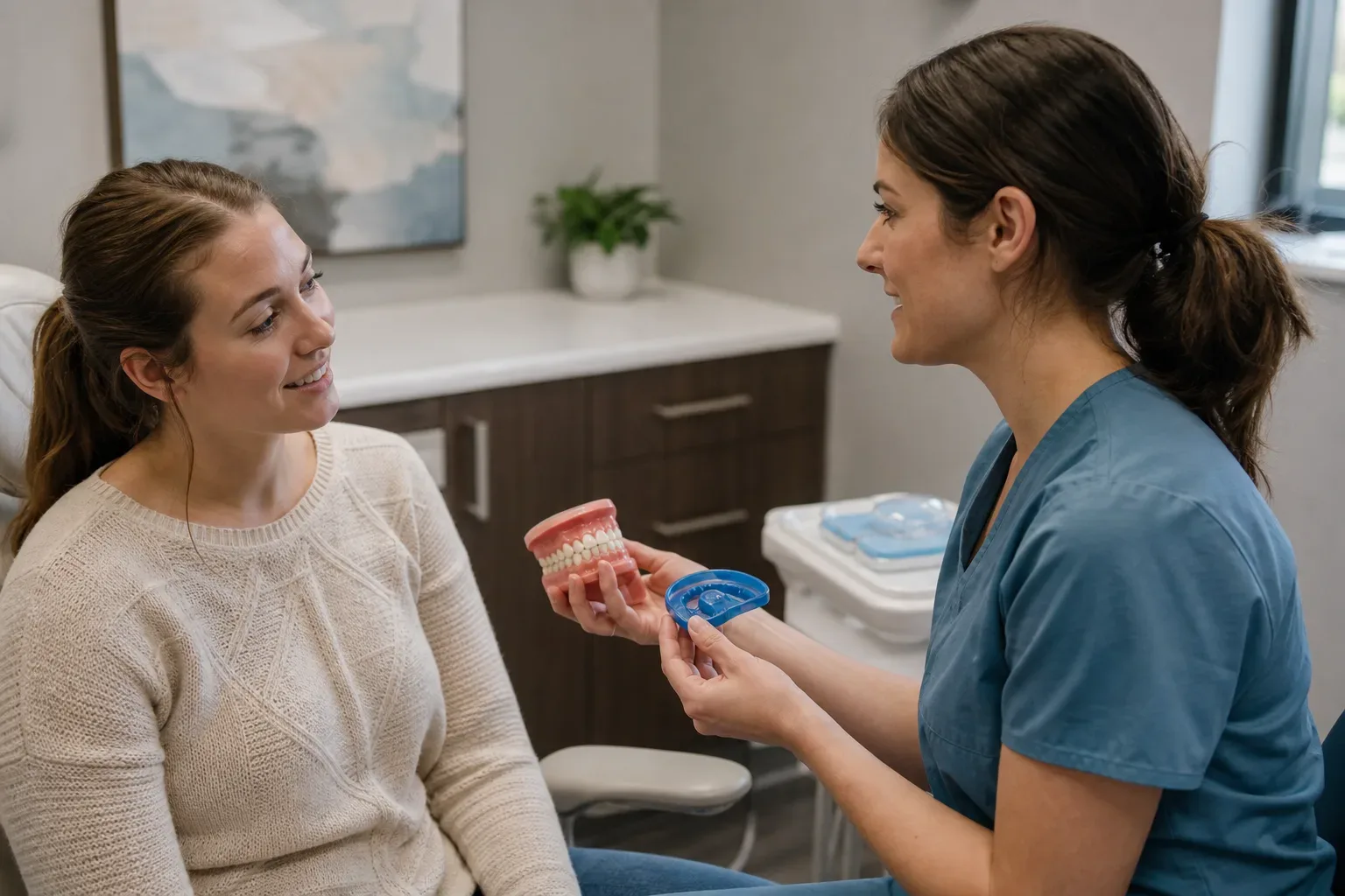 A dental professional in scrubs shows a patient a tooth model and mouth guard during a clinic consultation.