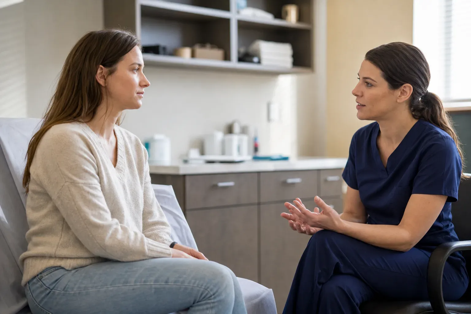 A person in scrubs speaks with a seated patient in a medical examination room.