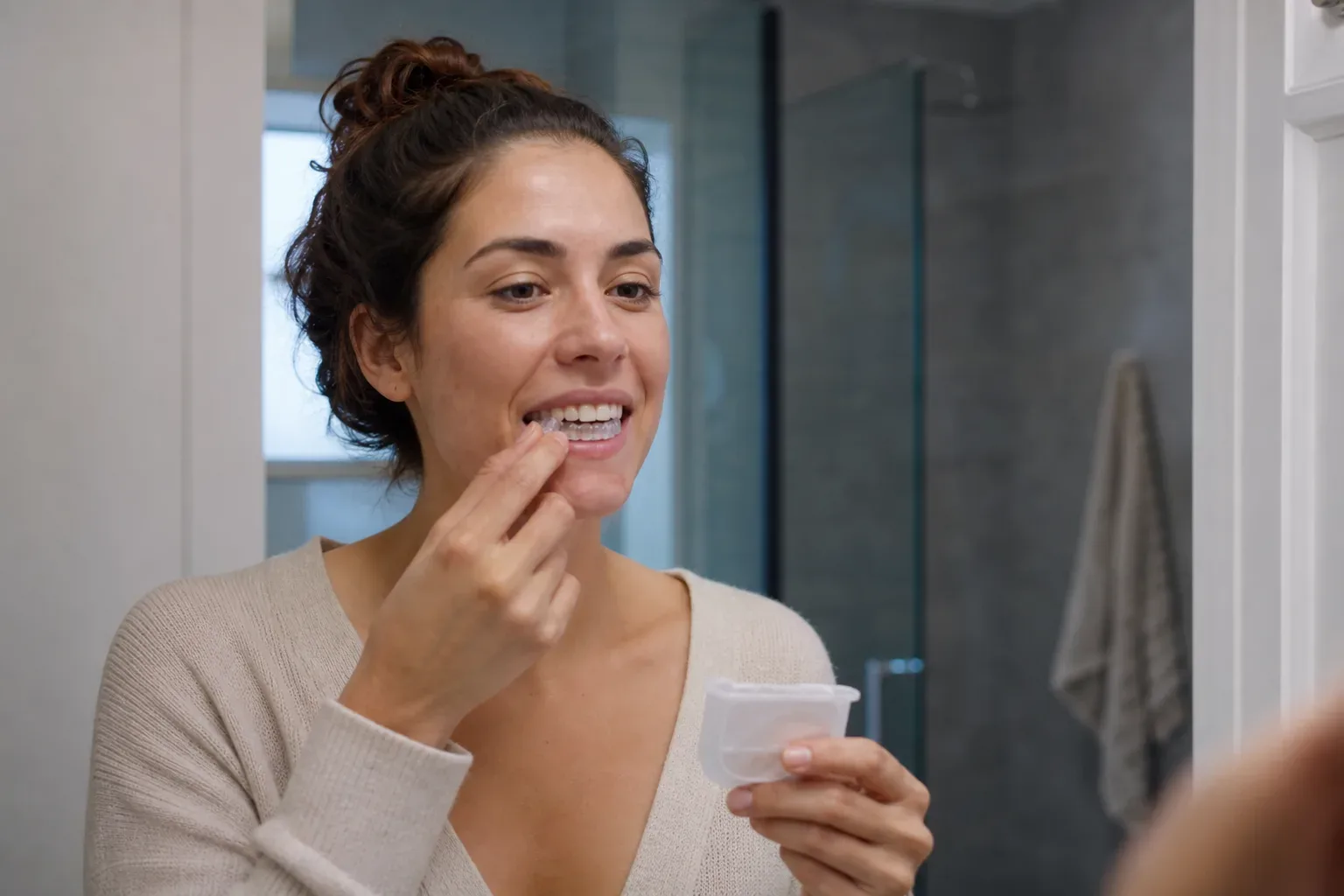 A person inserting a clear dental aligner whilst looking in a bathroom mirror, holding a small case.