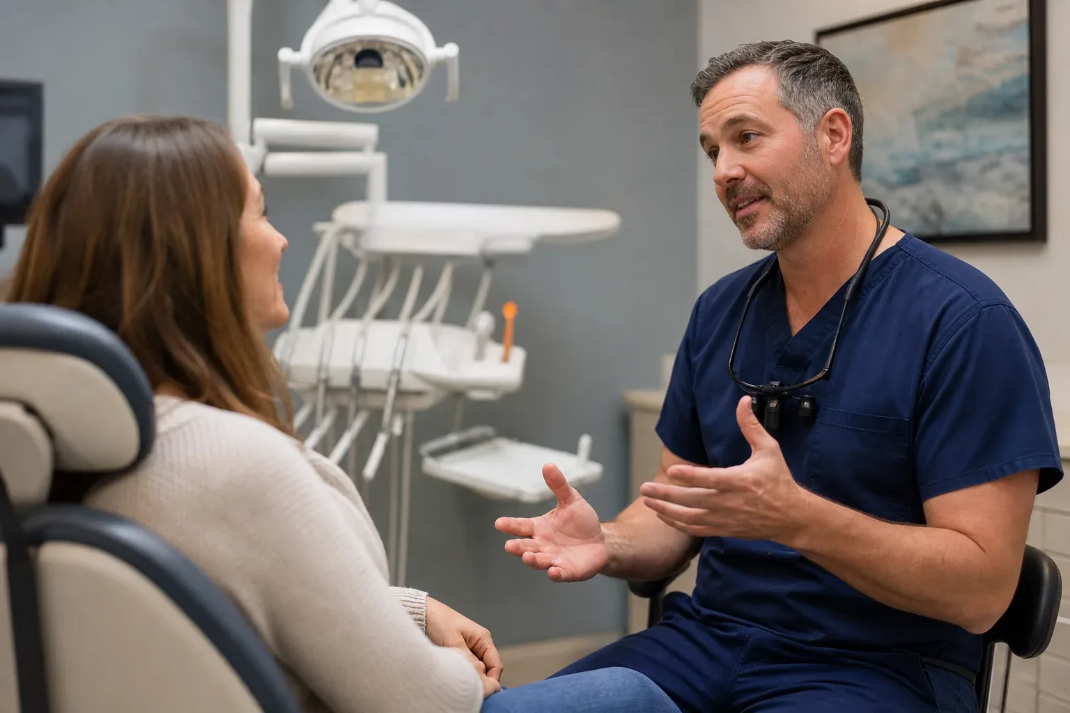 A dental professional in scrubs consults with a patient seated in a dental chair in a treatment room.